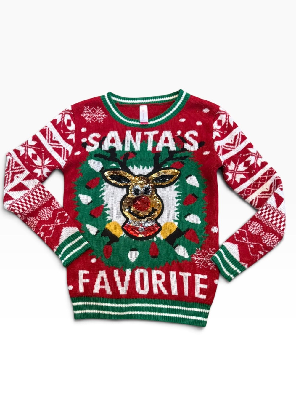 Juniors No Boundaries Red Holiday Reindeer Sequin Sweater EUC Size 3-5